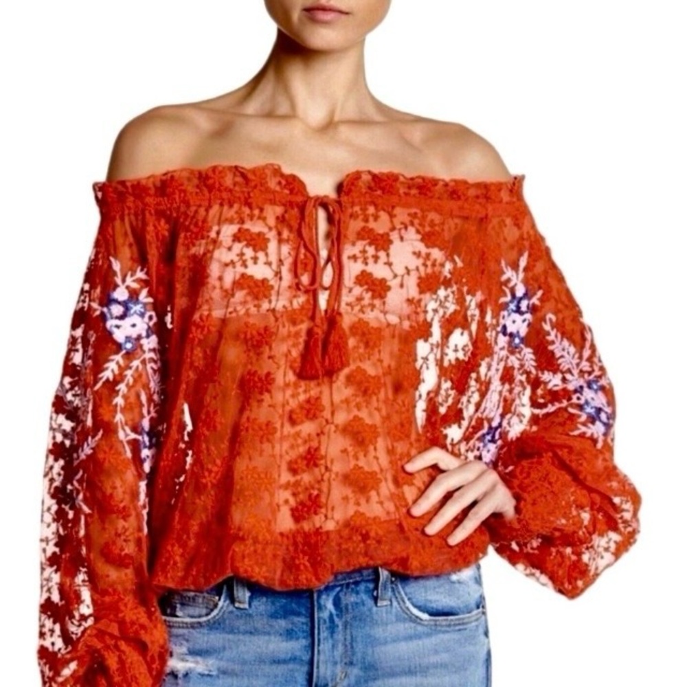 Free People Jubilee Red Embroidered Floral Mesh Oversized Top Medium